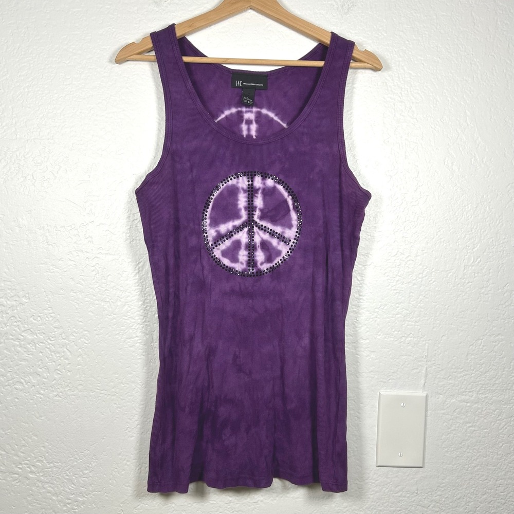 INC Purple Tank Top Tie Dye Rhinestone Peace Sign Size L